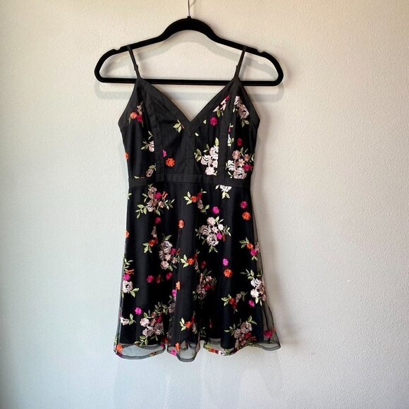 Lulus Favorite Fleur Black Mesh Floral Embroidered Skater Dress S - Picture 1 of 12